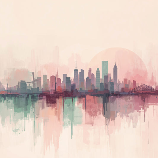 Pastel stadsskyline canvas schilderij met roze mint en grijze tinten weerspiegeld in water in aquarel stijl — babykamer wanddecoratie

