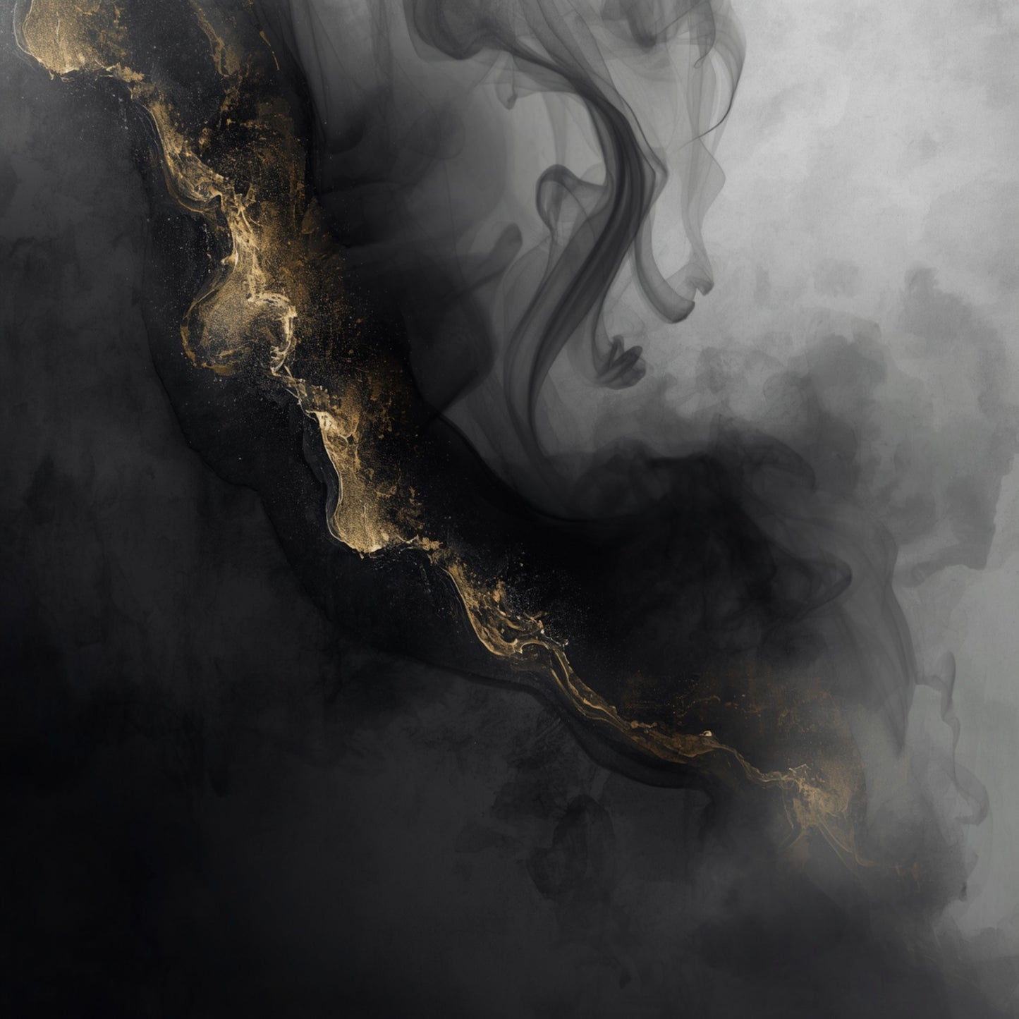 Abstract schilderij met vloeiende zwarte en donkergrijze wervelingen in marmerlook met subtiele gouden ader en gouden spikkels op diepe zwarte achtergrond – dramatisch luxueus wall art print voor de overloop
