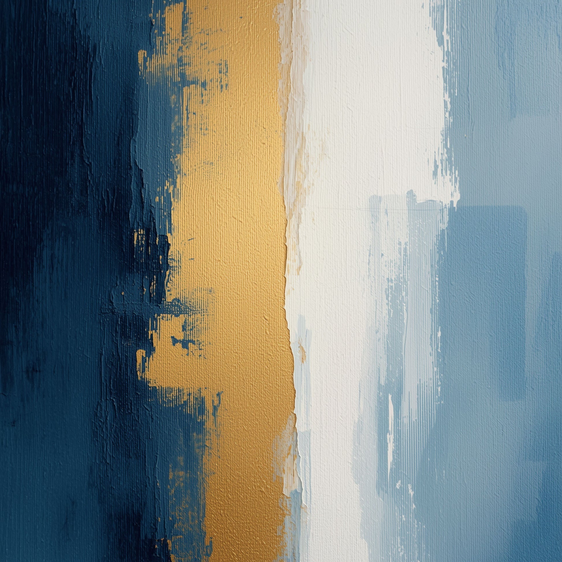 Abstract schilderij met brede horizontale penseelstreken in diepblauw en staalblauw afgewisseld met warme oker en goudgele vlakken op crème fond – eigentijds warm wall art print voor de overloop
