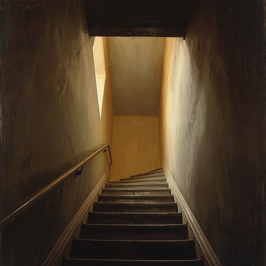 Cinematisch schilderij met smalle houten trap die omhoogloopt in een donkere architecturale schacht met warme gouden lichtgloed aan het einde – mysterieus atmosferisch wall art print voor de overloop
