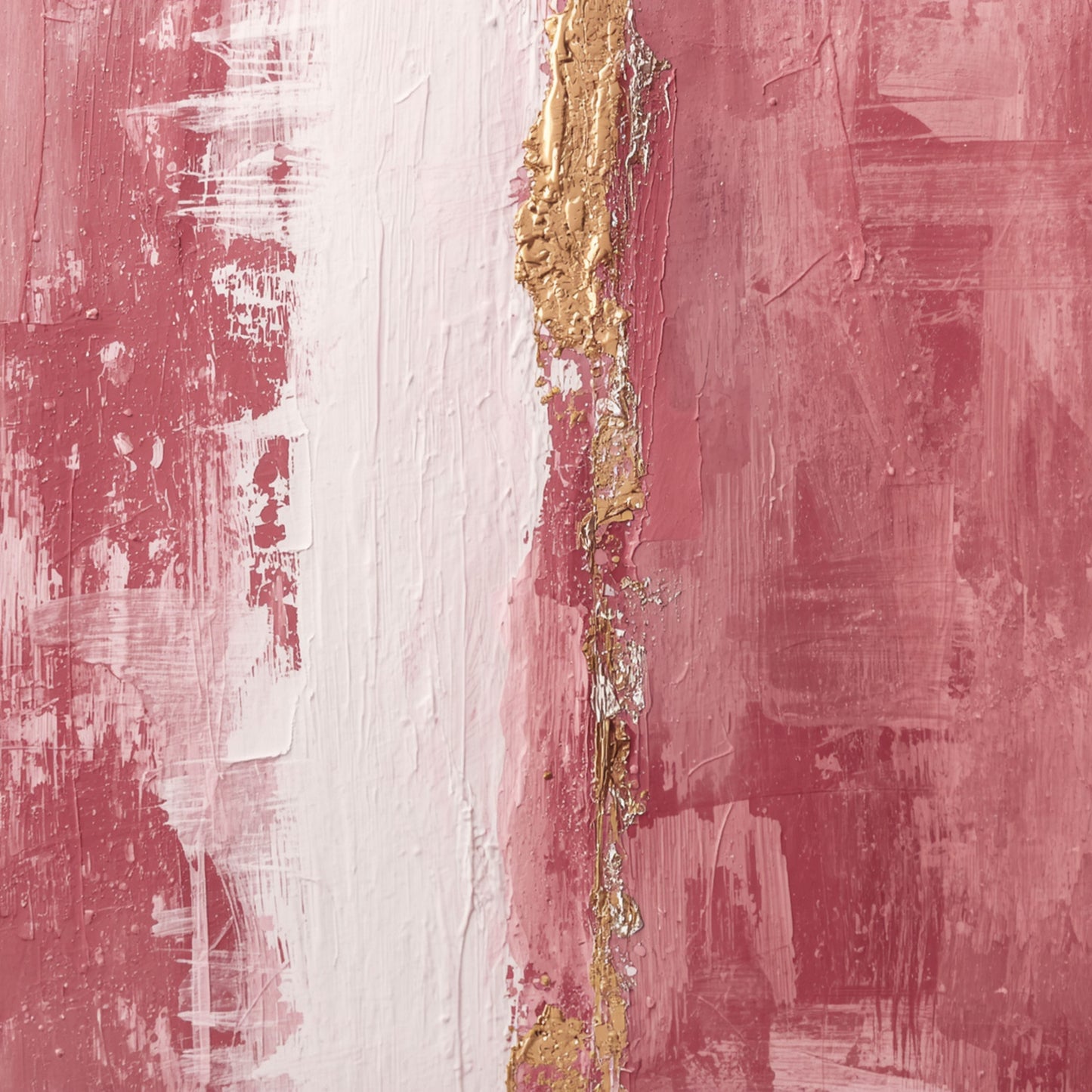 Abstract schilderij met brede verticale penseellagen in dieproze en oudroze tinten met smalle gouden en crème lichtstrepen op warm crème fond – romantisch luxueus wall art print voor de overloop
