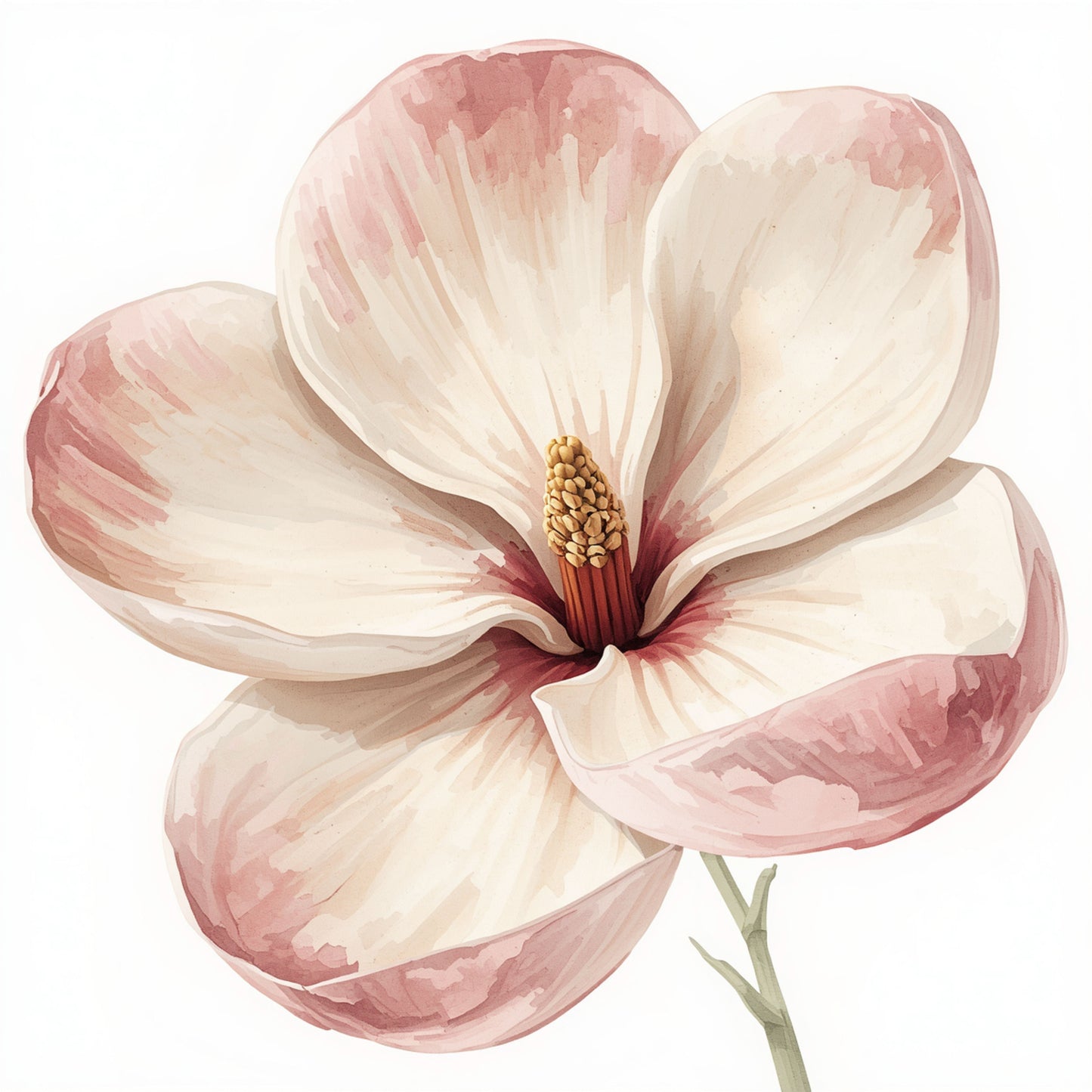 Botanisch schilderij met grote zachte roze en crèmewitte bloem in aquarelstijl met delicate bloembladen en bruin hart op helder wit fond – delicaat tijdloos wall art print voor de overloop
