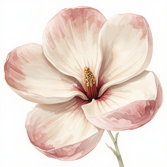Botanisch schilderij met grote zachte roze en crèmewitte bloem in aquarelstijl met delicate bloembladen en bruin hart op helder wit fond – delicaat tijdloos wall art print voor de overloop
