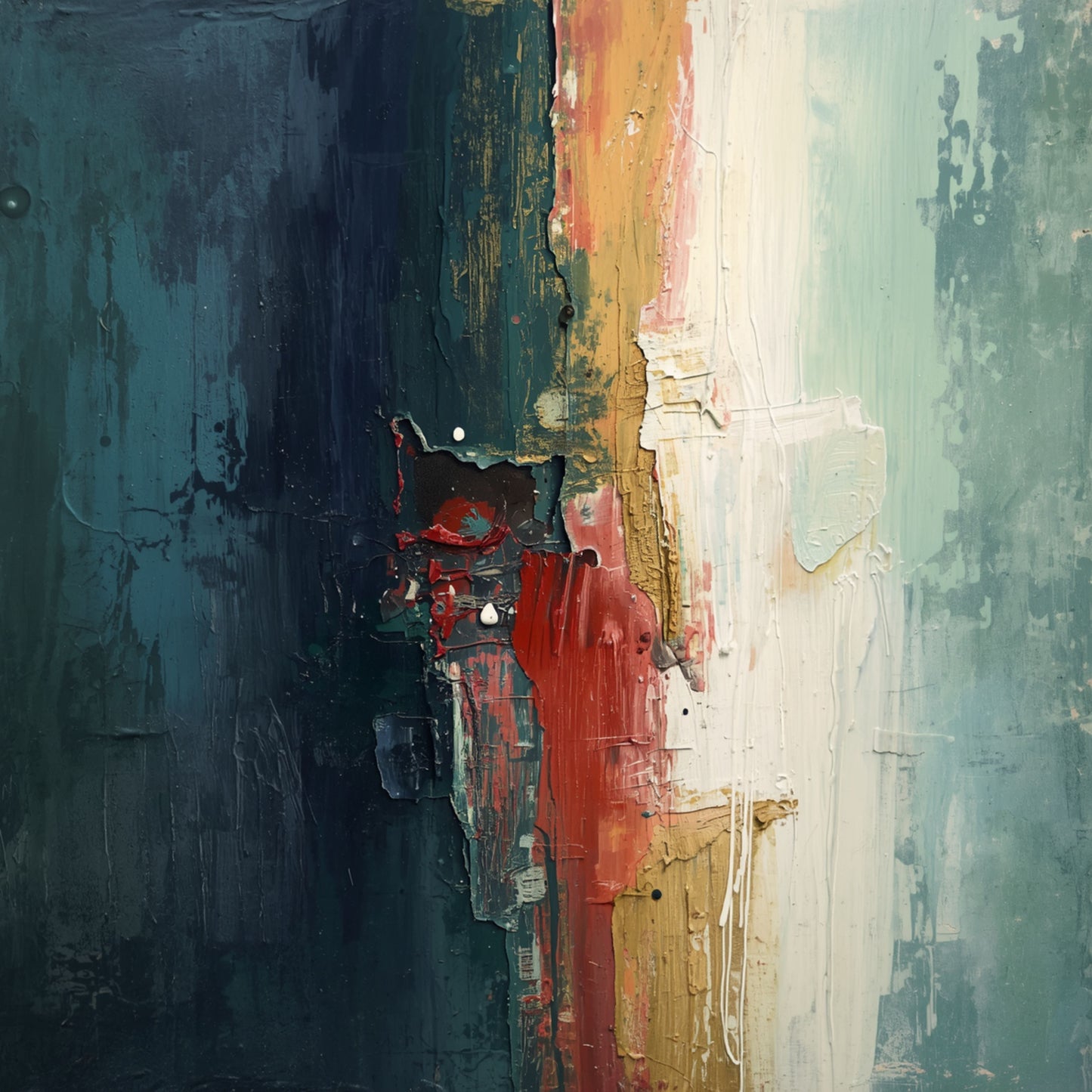 Abstract expressionistisch schilderij met brede penseelstreken in donkerblauw, vuurrood en goud op warm crème fond met ruwe en energieke verfstructuur – krachtig eigentijds wall art print voor de overloop
