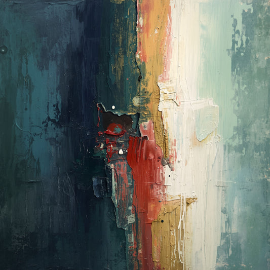 Abstract expressionistisch schilderij met brede penseelstreken in donkerblauw, vuurrood en goud op warm crème fond met ruwe en energieke verfstructuur – krachtig eigentijds wall art print voor de overloop
