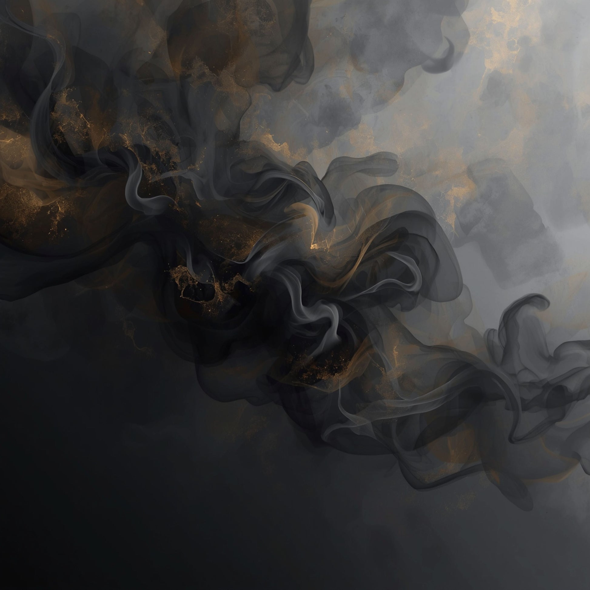 Abstract schilderij met wervelende donkere grijze en zwarte rookwolken die als een hypnotiserende en atmosferische compositie op een diepzwart fond drijven – mysterieus dramatisch wall art print voor de overloop
