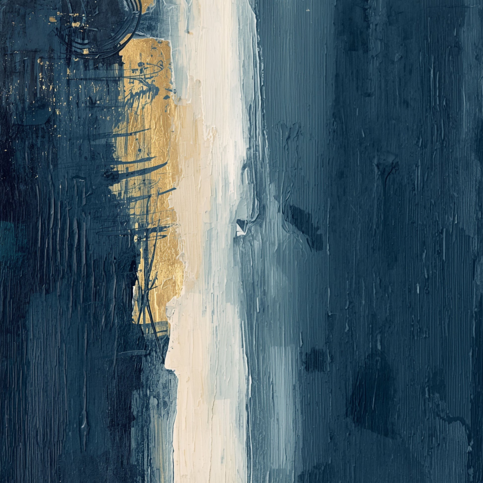 Abstract schilderij met brede verticale gouden en crème lichtbaan in het midden omgeven door diepe donkerblauwe en grijsblauwe penseelstreken op crème fond – sereen luxueus wall art print voor de overloop
