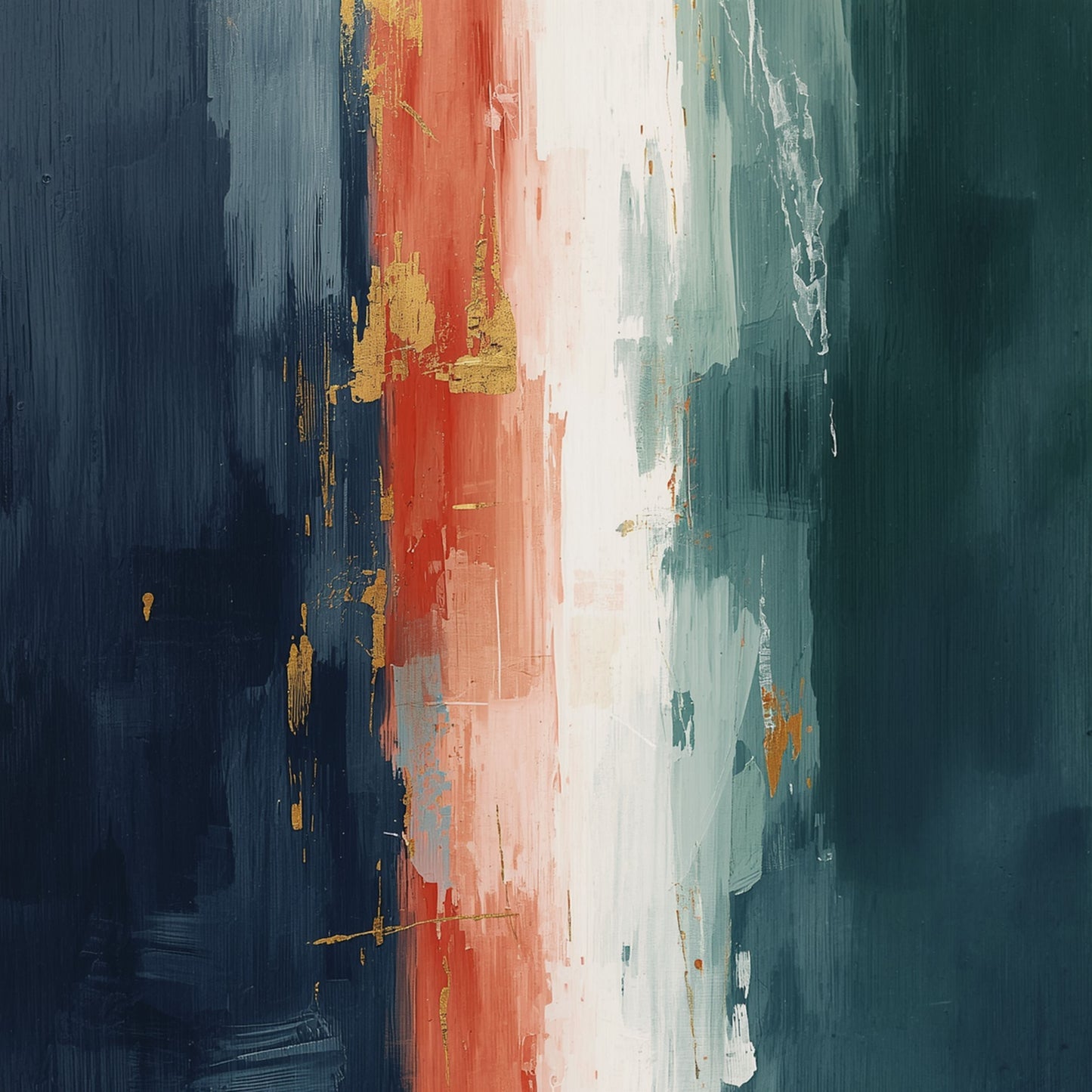 Abstract schilderij met brede verticale penseellagen in diepblauw teal en warme terracotta en oranjerood afgewisseld met crème en witte accenten op crème fond – gedurfd warm wall art print voor de overloop
