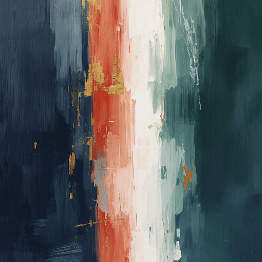 Abstract schilderij met brede verticale penseellagen in diepblauw teal en warme terracotta en oranjerood afgewisseld met crème en witte accenten op crème fond – gedurfd warm wall art print voor de overloop
