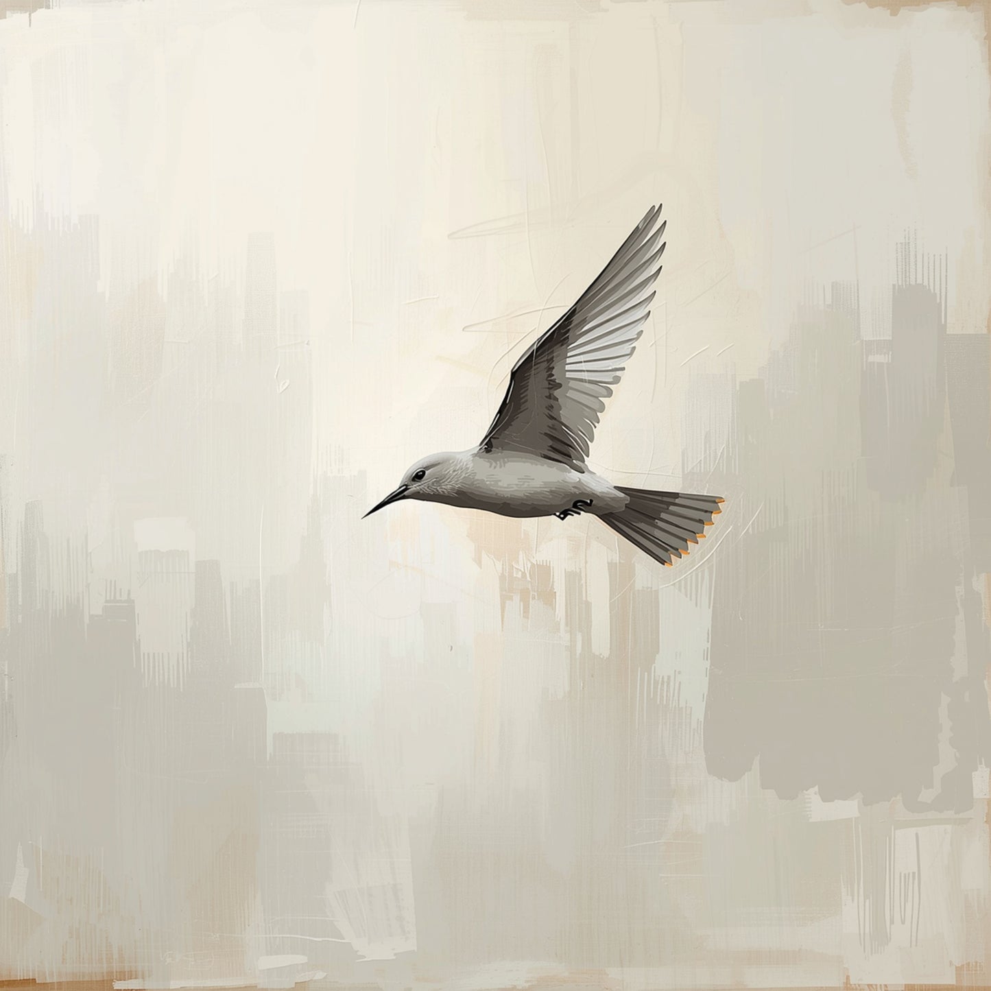 Minimalistisch schilderij met grijze vogel met gespreide vleugels in vlucht op sereen crème en beige fond met zachte abstracte penseeltextuur op de achtergrond – tijdloos vrij wall art print voor de overloop
