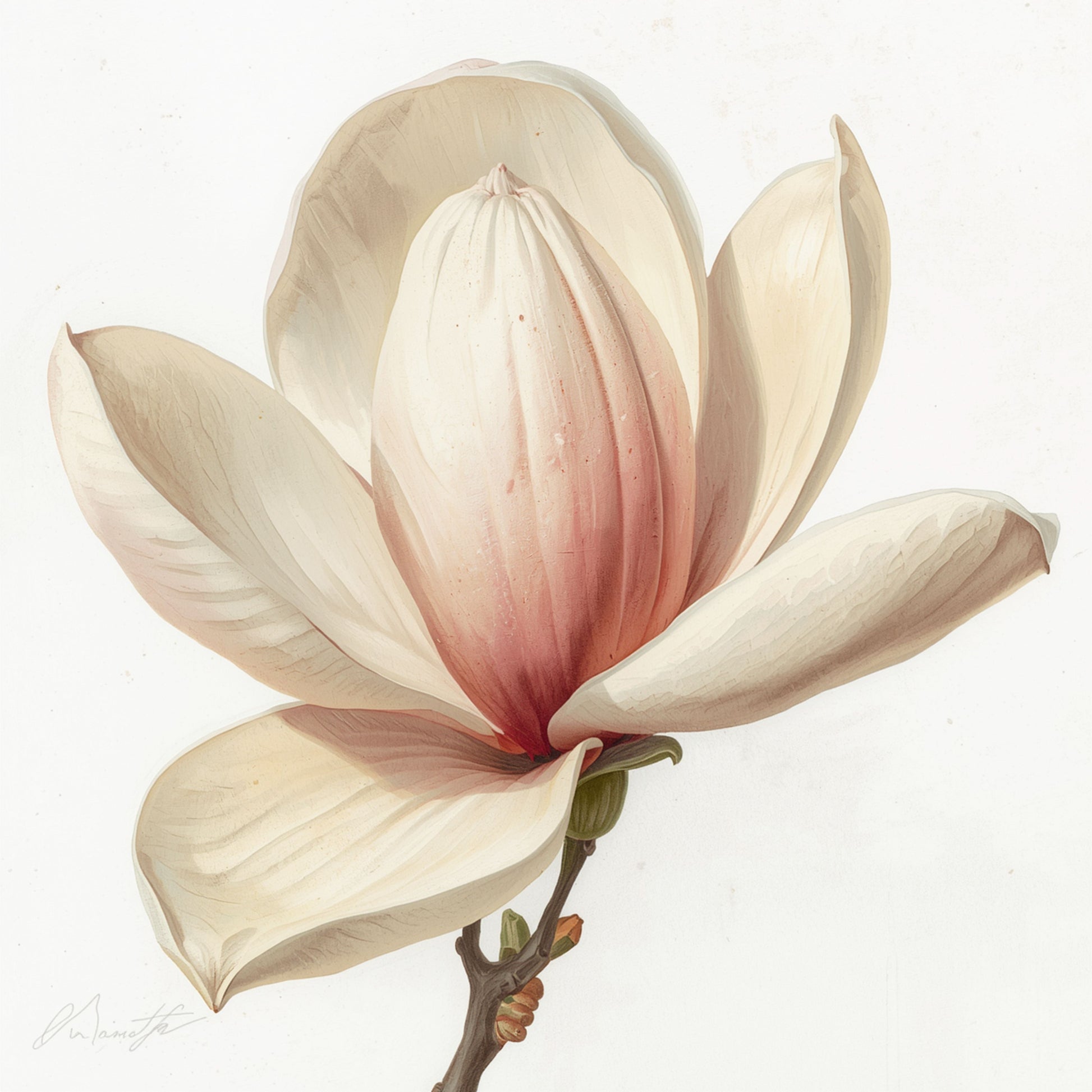 Botanisch schilderij met grote zachte roze en crèmewitte magnolia bloesem in close-up met delicate bloembladen en bruine takken op helder wit fond – tijdloos botanisch wall art print voor de overloop
