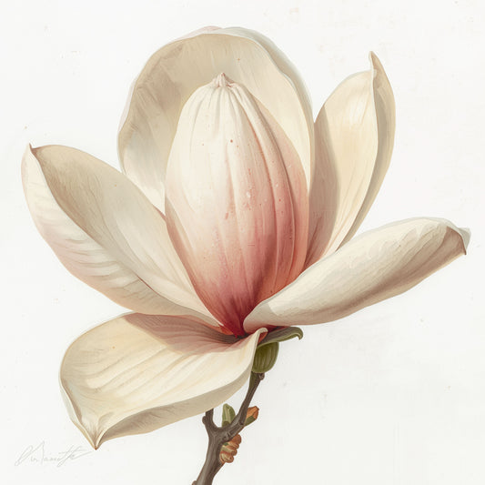 Botanisch schilderij met grote zachte roze en crèmewitte magnolia bloesem in close-up met delicate bloembladen en bruine takken op helder wit fond – tijdloos botanisch wall art print voor de overloop
