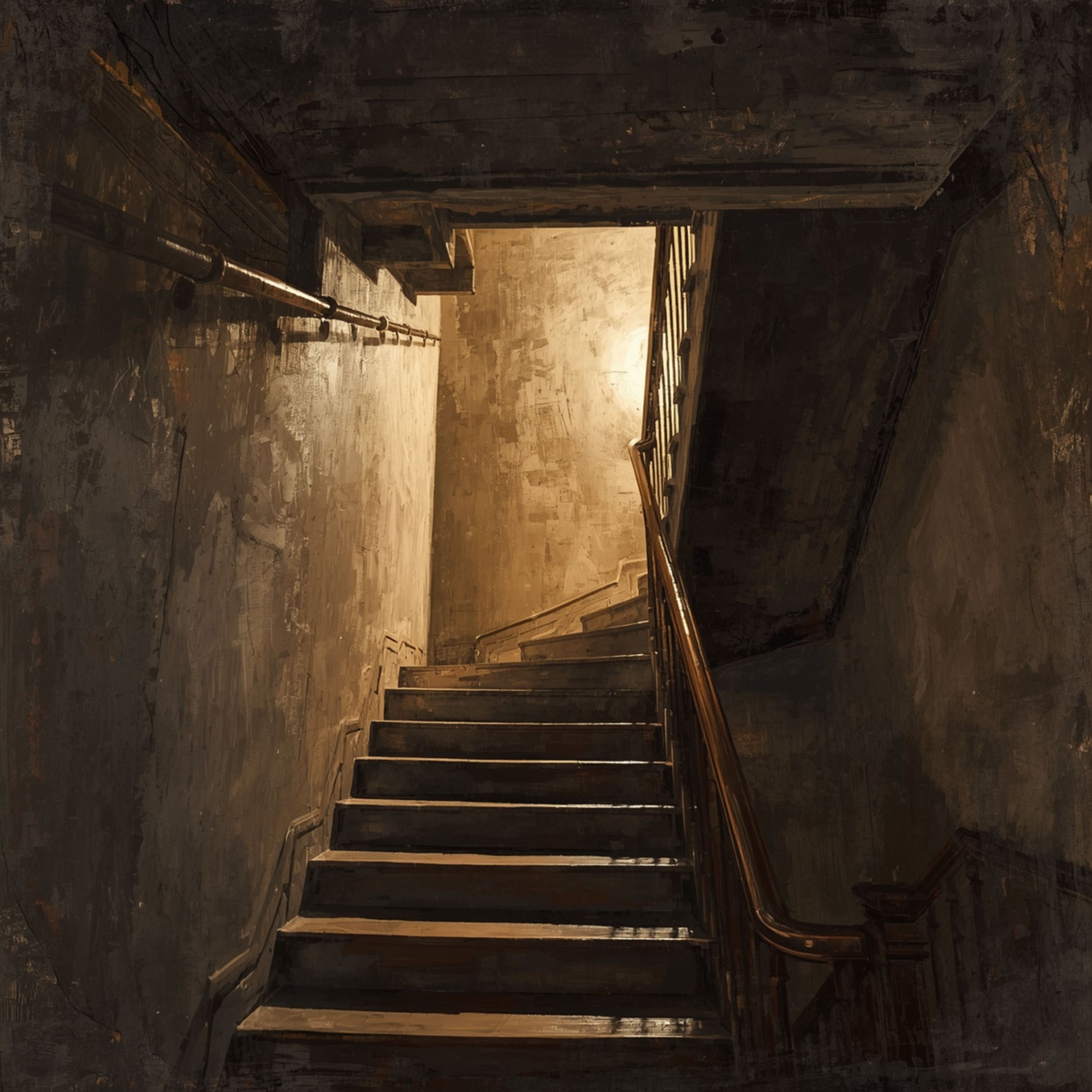 Cinematisch schilderij met verweerde stenen trap die omhoogloopt in een smal oud trappenhuis met warme amberkleurige lichtgloed die door de duisternis breekt – atmosferisch tijdloos wall art print voor de overloop

