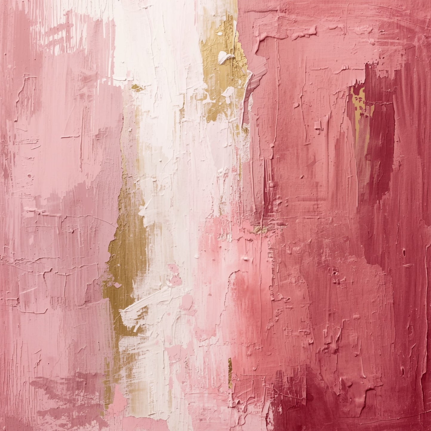 Abstract schilderij met brede expressieve penseelstreken in dieproze en oudroze tinten met gouden en okerkleurige accenten op warm crème fond – romantisch luxueus wall art print voor de overloop
