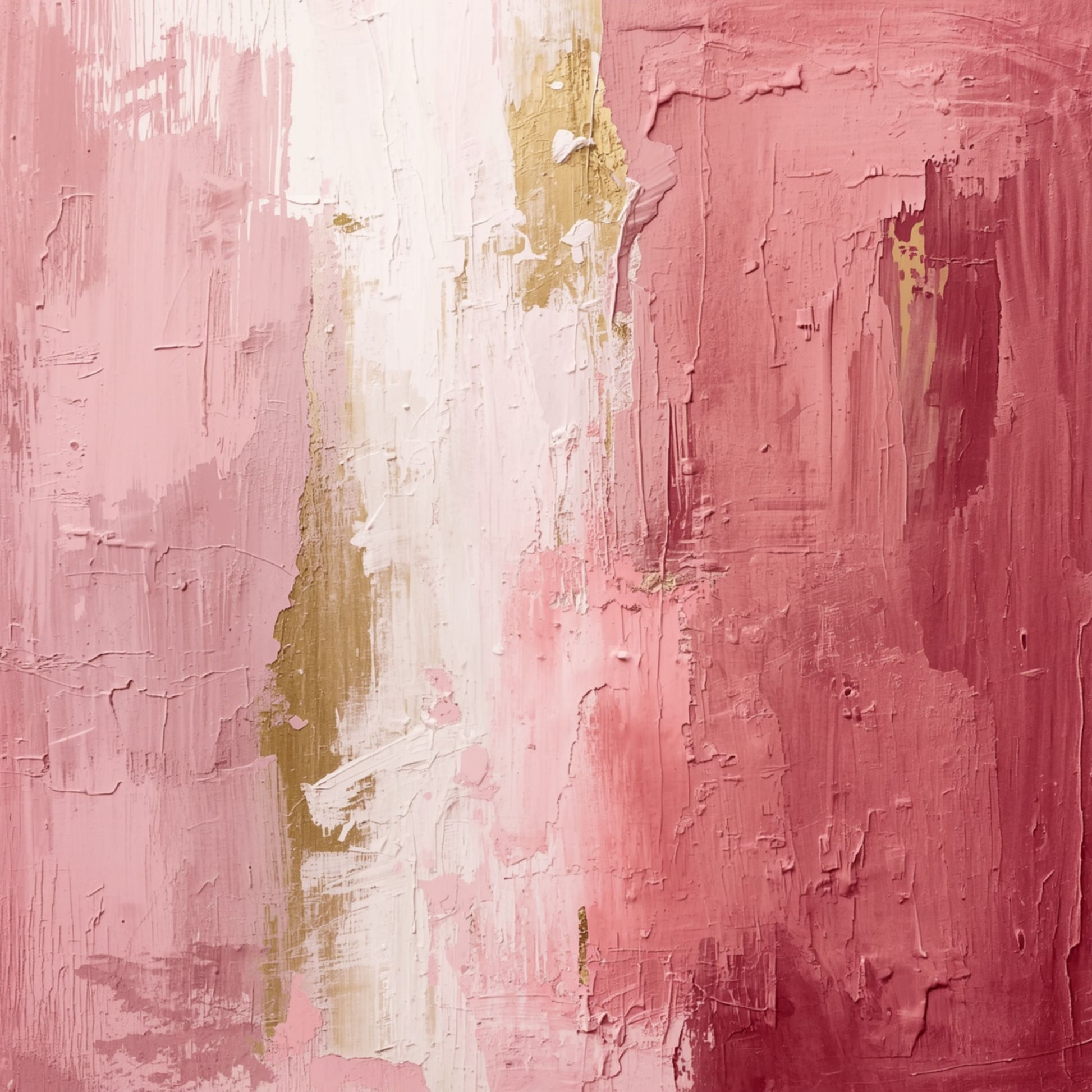 Abstract schilderij met brede expressieve penseelstreken in dieproze en oudroze tinten met gouden en okerkleurige accenten op warm crème fond – romantisch luxueus wall art print voor de overloop
