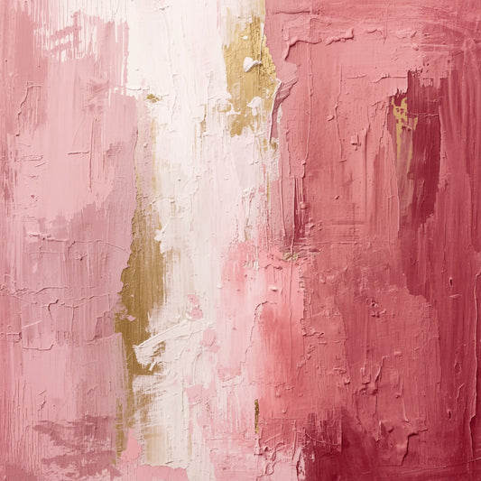 Abstract schilderij met brede expressieve penseelstreken in dieproze en oudroze tinten met gouden en okerkleurige accenten op warm crème fond – romantisch luxueus wall art print voor de overloop
