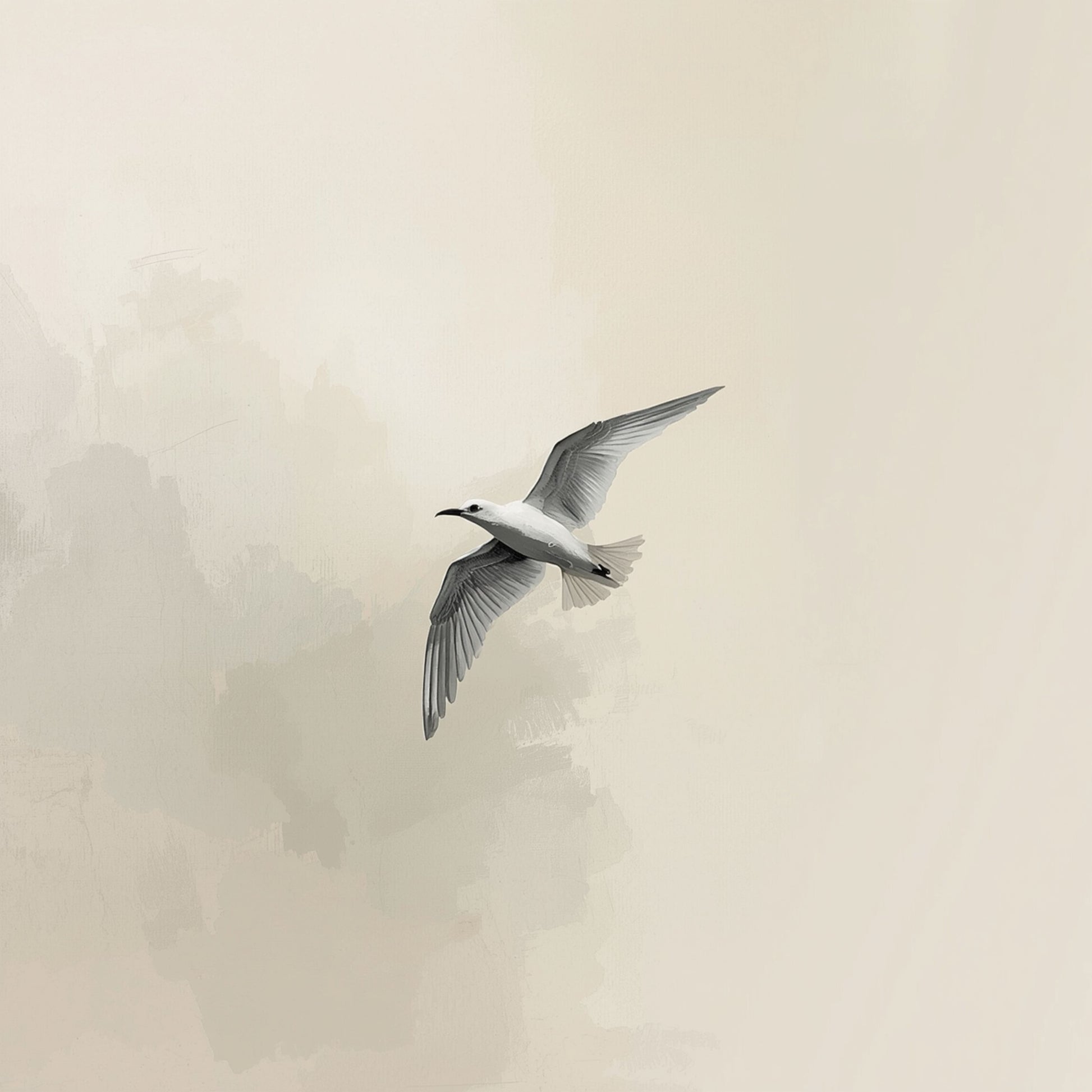 Minimalistisch schilderij met grijze meeuw met breed gespreide vleugels in vlucht op sereen warm crème en beige fond – vrij tijdloos wall art print voor de overloop
