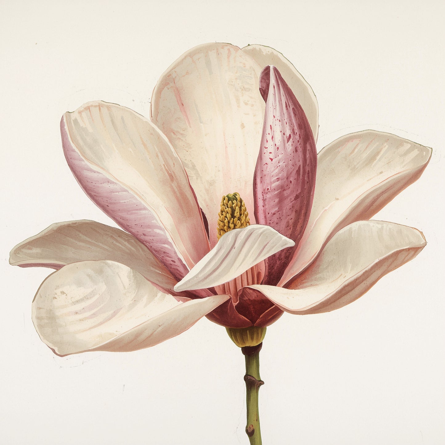 Botanisch schilderij met roze en crèmewitte magnolia bloesem met halfgeopende knop en groene stengel in close-up op helder wit fond – fris minimalistisch wall art print voor de overloop
