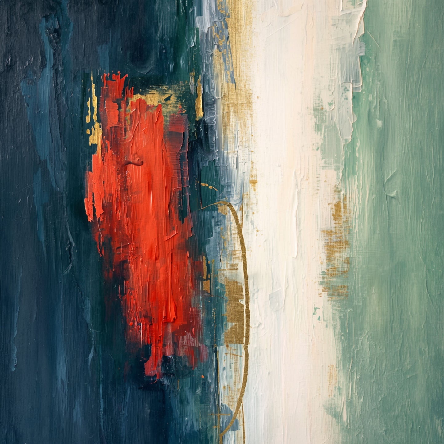 Abstract schilderij met expressief vuurrood en oranjerood verfvlak met witte penseelstreken op diepe teal en petrolblauwe achtergrond – gedurfd krachtig wall art print voor de overloop
