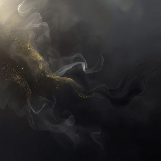 Abstract schilderij met wervelende donkere wolkenformaties in antraciet en donkergrijs met subtiele gouden lichtgloed op diepzwart fond – mysterieus indrukwekkend wall art print voor de overloop

