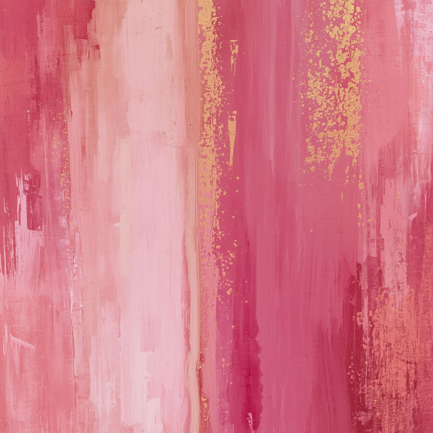 Abstract schilderij met brede levendige verfstroken in koraalroze, fuchsia en zachtroze met gouden spikkels en crème accenten op warm crème fond – uitbundig romantisch wall art print voor de overloop
