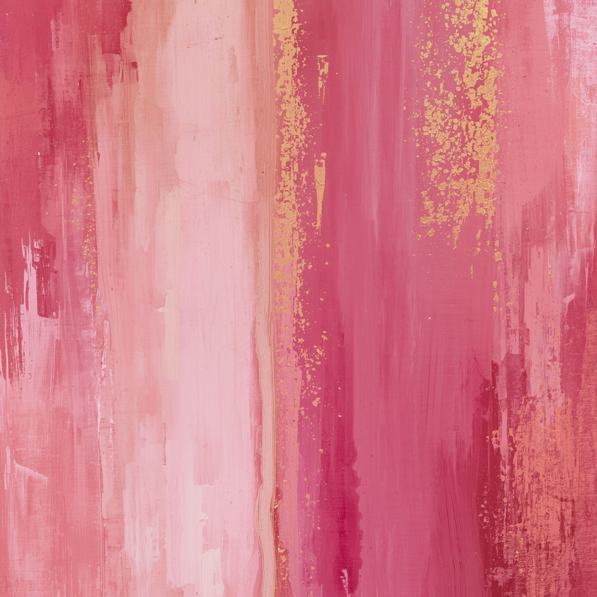 Abstract schilderij met brede levendige verfstroken in koraalroze, fuchsia en zachtroze met gouden spikkels en crème accenten op warm crème fond – uitbundig romantisch wall art print voor de overloop
