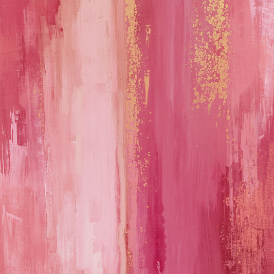 Abstract schilderij met brede levendige verfstroken in koraalroze, fuchsia en zachtroze met gouden spikkels en crème accenten op warm crème fond – uitbundig romantisch wall art print voor de overloop
