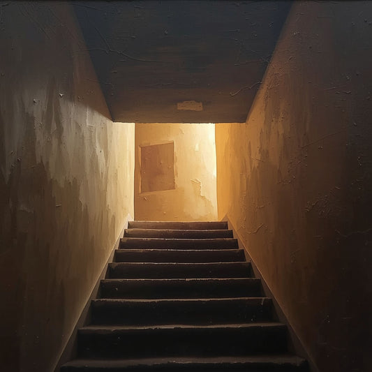 Cinematisch schilderij met donkere betonnen trap die omhoogloopt naar een stralende gouden lichtopening aan het einde van een smalle architecturale schacht – mysterieus inspirerend wall art print voor de overloop
