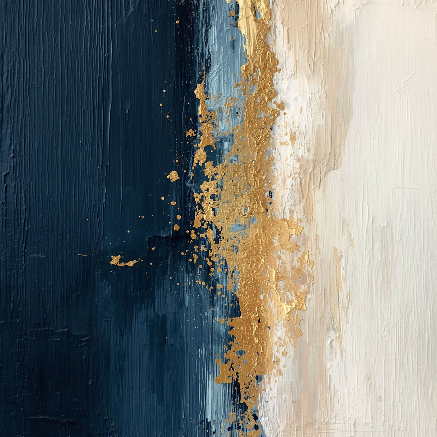 Abstract kustschilderij met warm gouden en crème zandvlak in het midden omgeven door diepe marineblauw en staalblauwe zeepenseellagen met gouden spikkels en verfaccenten – luxueus sereen wall art print voor de overloop
