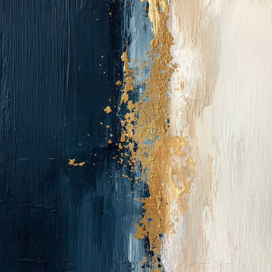 Abstract kustschilderij met warm gouden en crème zandvlak in het midden omgeven door diepe marineblauw en staalblauwe zeepenseellagen met gouden spikkels en verfaccenten – luxueus sereen wall art print voor de overloop
