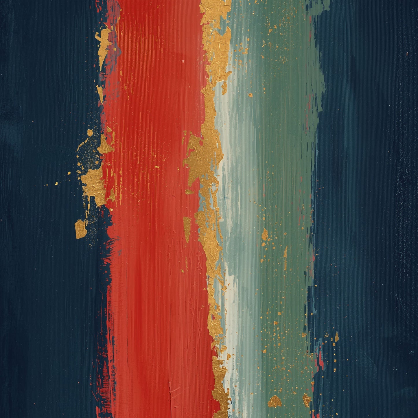 Abstract schilderij met brede verticale penseellagen in vuurrood en oranjerood naast diepmarineblauw en staalgroen met gouden verfaccenten en spikkels op donkere achtergrond – krachtig gedurfd wall art print voor de overloop
