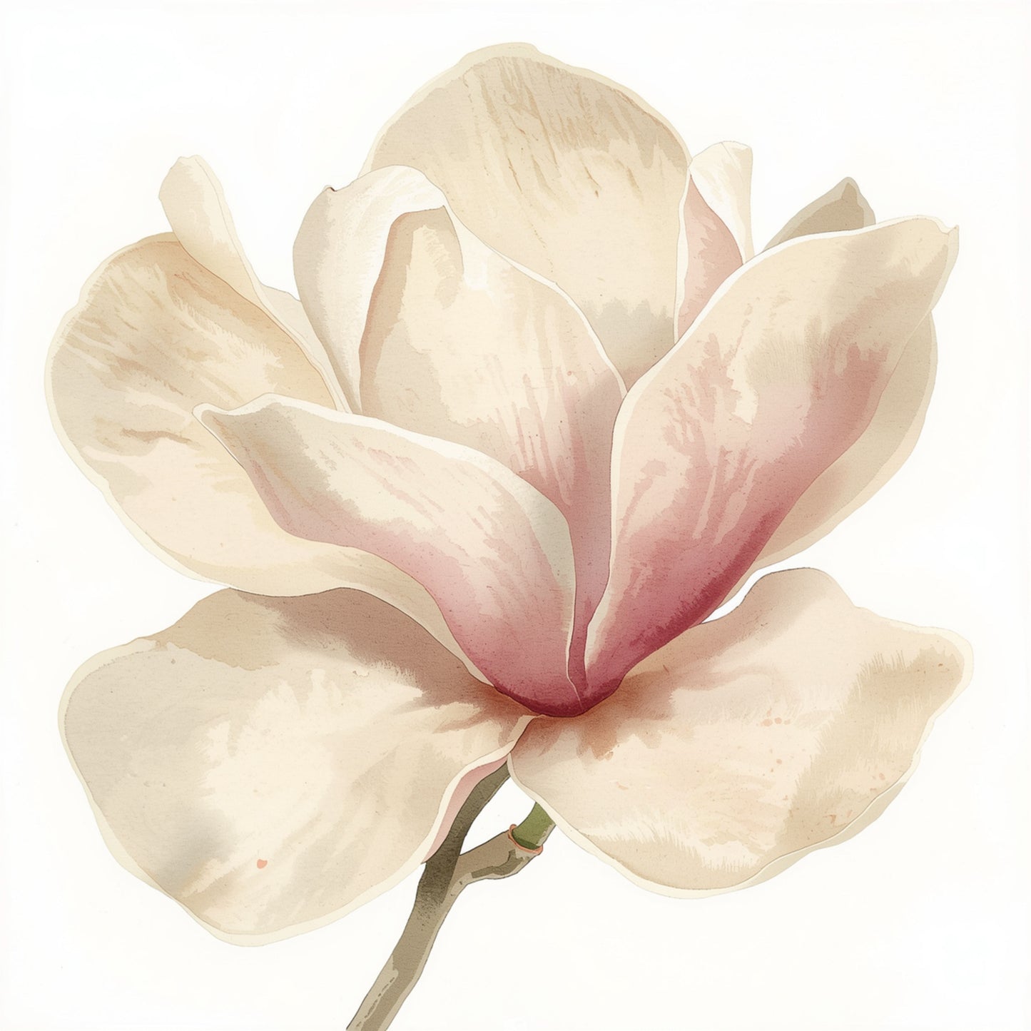 Botanisch schilderij met grote roze en crèmewitte magnolia bloem in vloeiende aquarelstijl met delicate bloembladen en zachte roze tinten op helder wit fond – romantisch tijdloos wall art print voor de overloop
