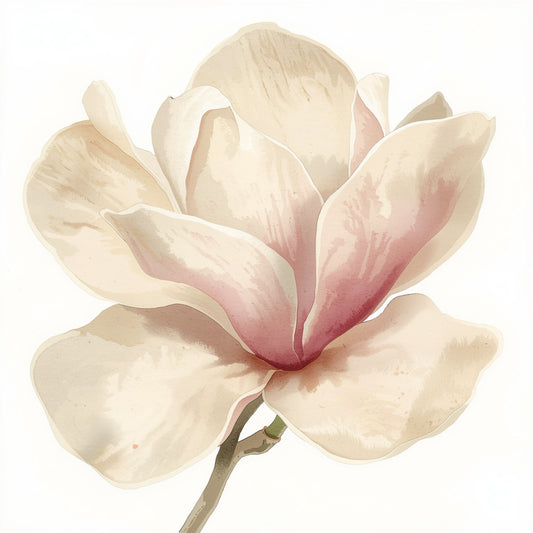 Botanisch schilderij met grote roze en crèmewitte magnolia bloem in vloeiende aquarelstijl met delicate bloembladen en zachte roze tinten op helder wit fond – romantisch tijdloos wall art print voor de overloop
