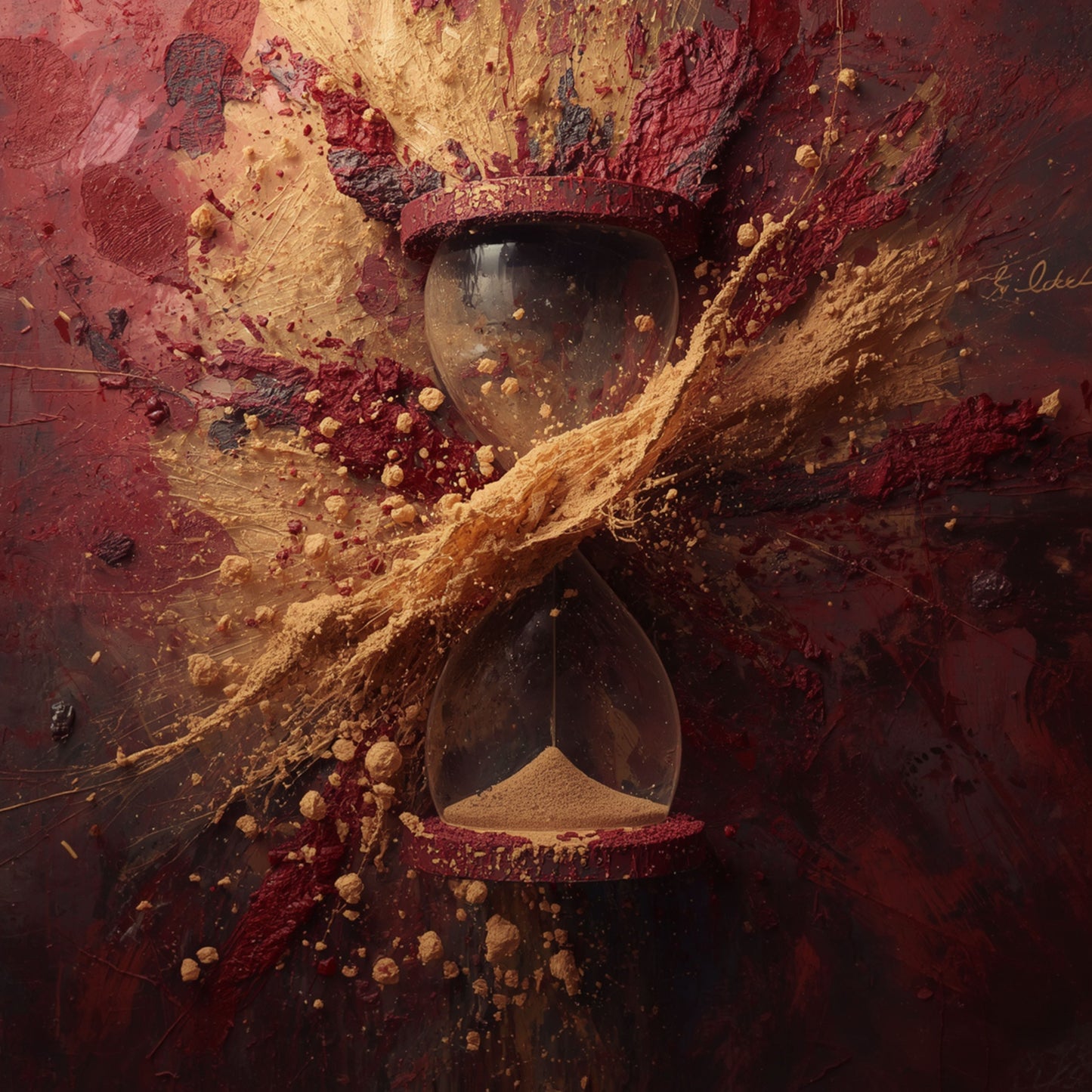Zandloper schilderij met close-up zandloper omgeven door explosie van gouden zand, donkerrode en bordeaux verfwervelingen en spatten op donkere achtergrond – cinematisch digitaal wall art print
