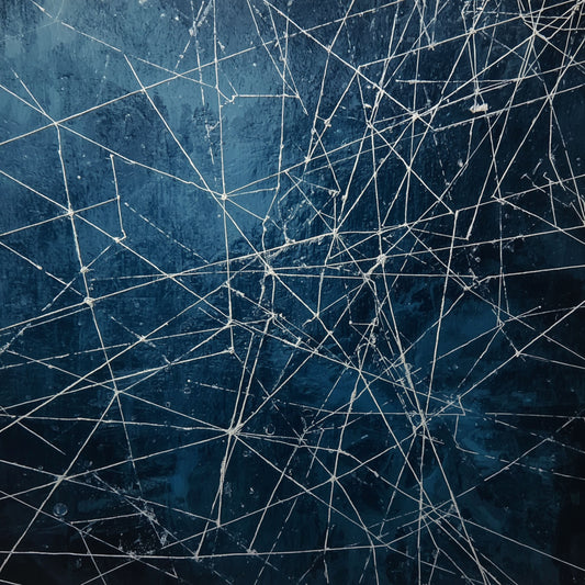Abstract netwerk schilderij met chaotisch dynamisch netwerk van witte en lichtblauwe lijnen die elkaar kruisen op diepe nachtblauwe gestructureerde achtergrond met subtiele verfspetters en textuur – abstract wall art print
