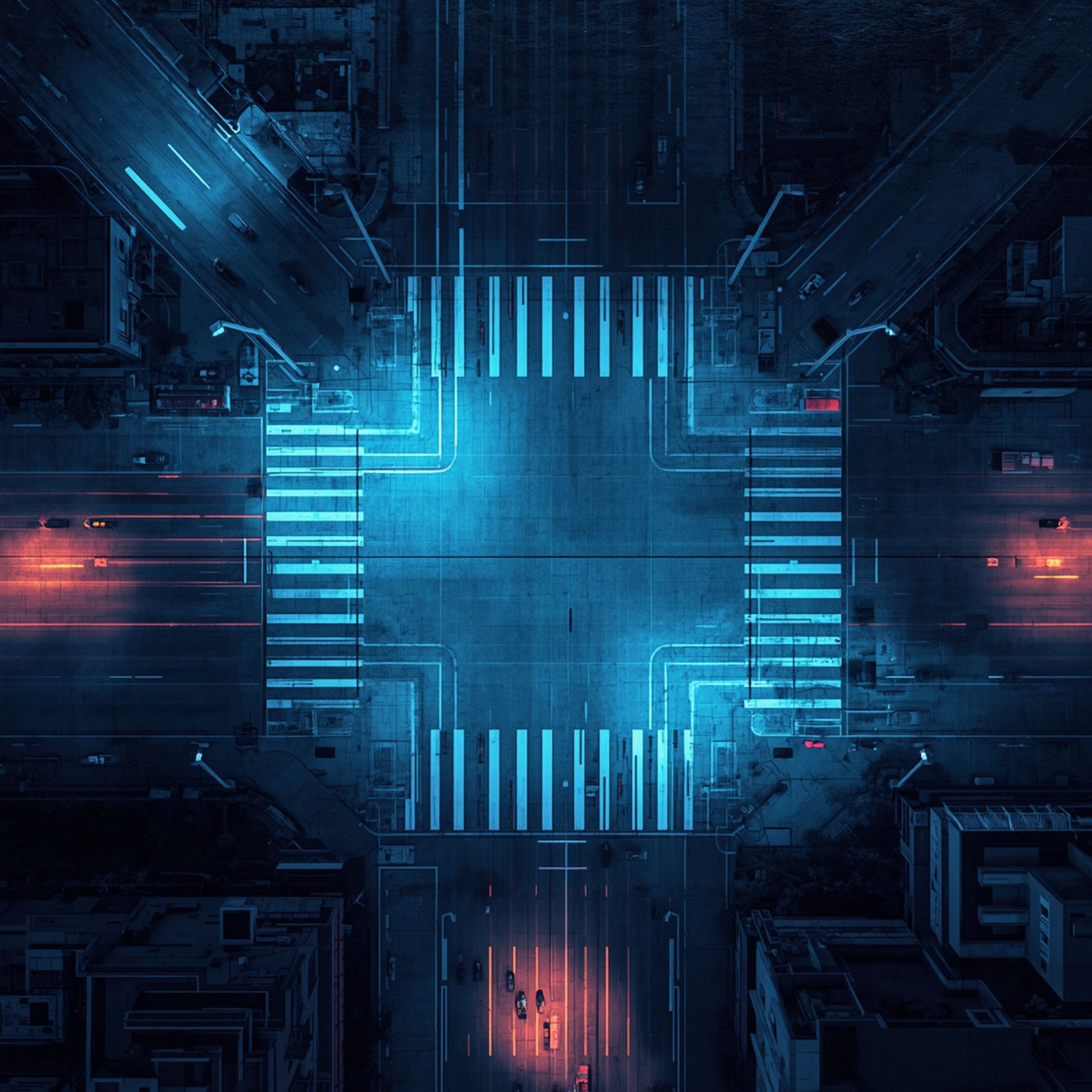 Cyberpunk processor schilderij met bovenaanzicht van gloeiende neon cyaan energiekern met kruisvormige lichtbanen complexe circuitlijnen en kleine rode figuur op donkere futuristische achtergrond – cinematisch digitaal wall art print

