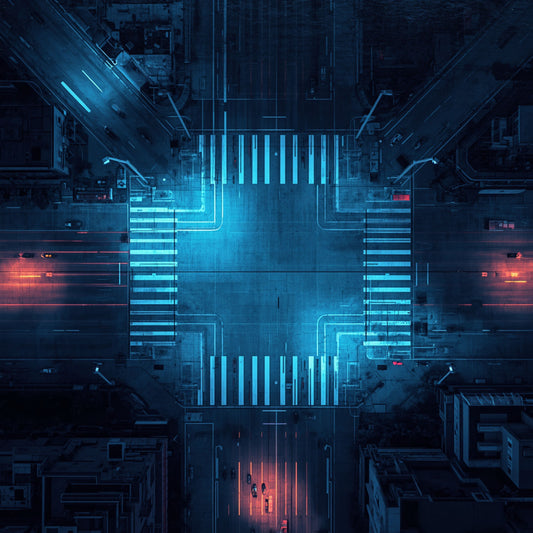 Cyberpunk processor schilderij met bovenaanzicht van gloeiende neon cyaan energiekern met kruisvormige lichtbanen complexe circuitlijnen en kleine rode figuur op donkere futuristische achtergrond – cinematisch digitaal wall art print

