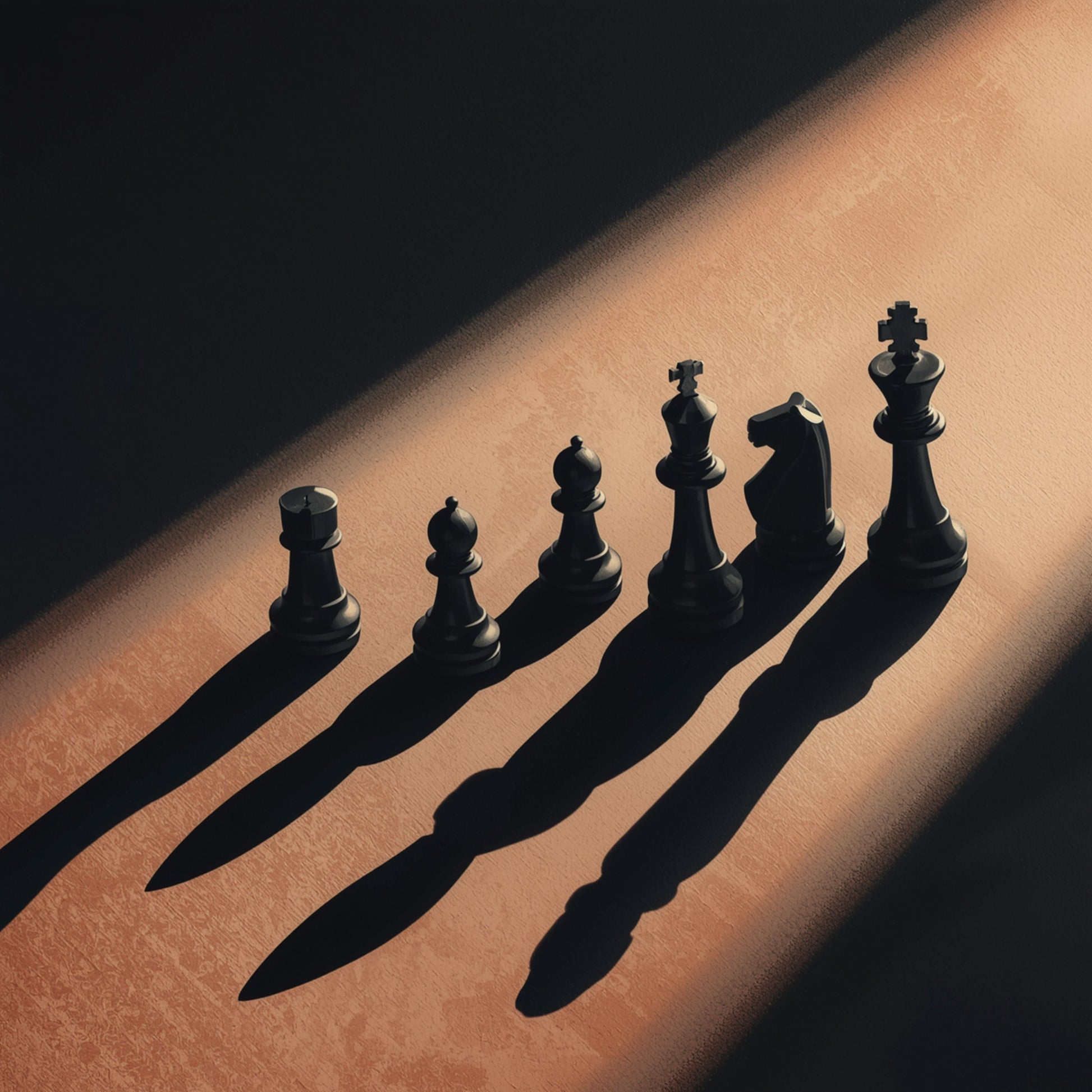 Schaakstukken schilderij met cinematische close-up van rij zwarte schaakstukken oplopend van pion tot koning met dramatische lange schaduwen op warm beige oppervlak met diagonale lichtstraal – fotografie wall art print
