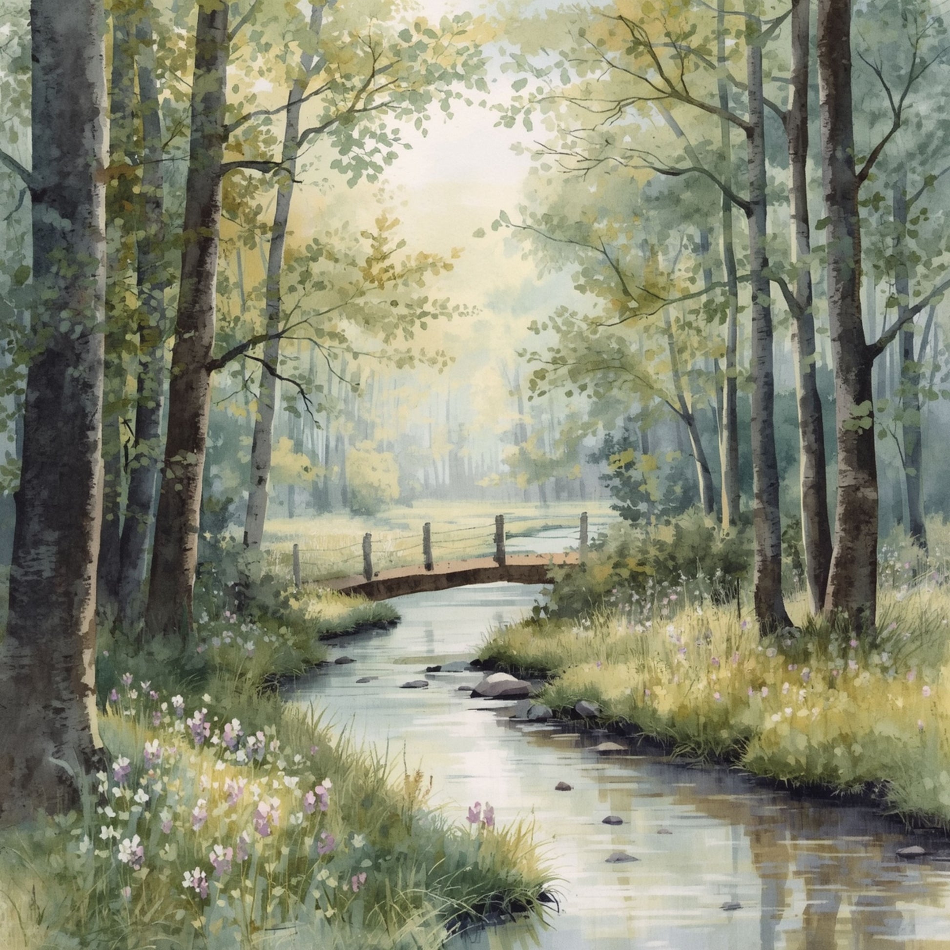 Groningen canvas schilderij met schilderachtig bospad, houten hek, wilde bloemen en berkenbomen in zachte mistige aquarelstijl — premium wanddecoratie
