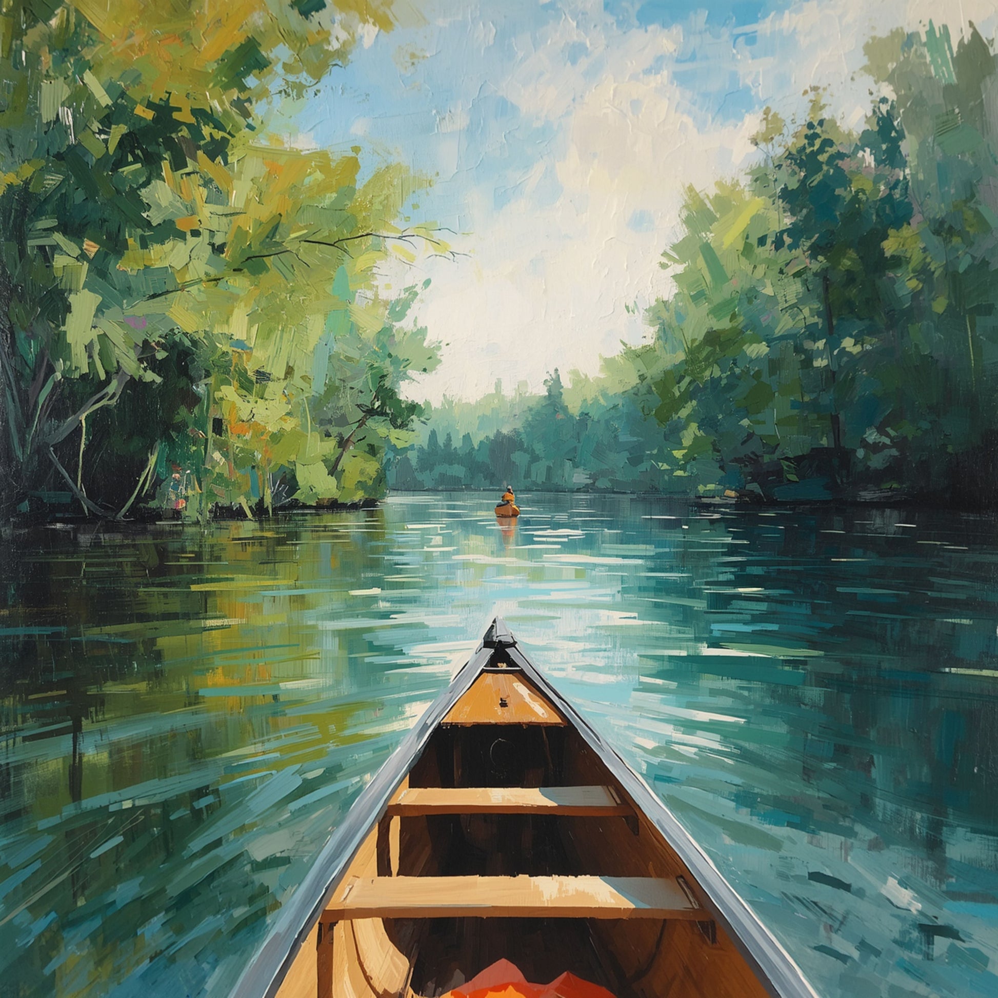 Kano canvas schilderij met houten kano op rustige bosrivier omringd door weelderige groene bomen vanuit eerstepersoonsperspectief — premium wanddecoratie
