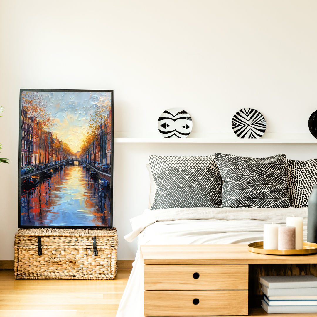 Amsterdam canal canvas print displayed in modern living room interior