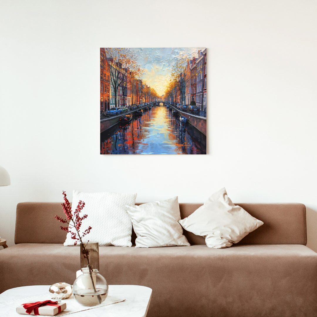 Amsterdam gracht wall art canvas in stylish home decor setting