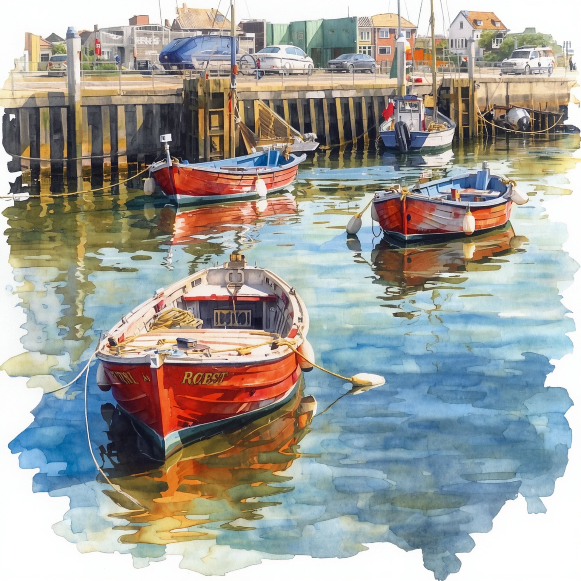 Boot canvas schilderij met kleurrijke vissersbootjes in de haven en levendige waterreflecties in aquarelstijl — premium wanddecoratie
