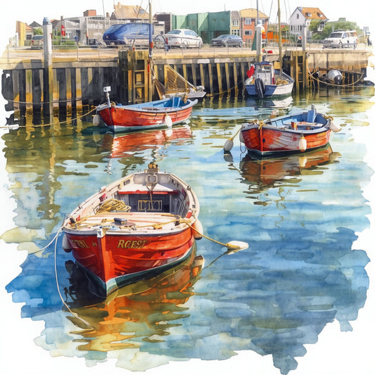 Boot canvas schilderij met kleurrijke vissersbootjes in de haven en levendige waterreflecties in aquarelstijl — premium wanddecoratie
