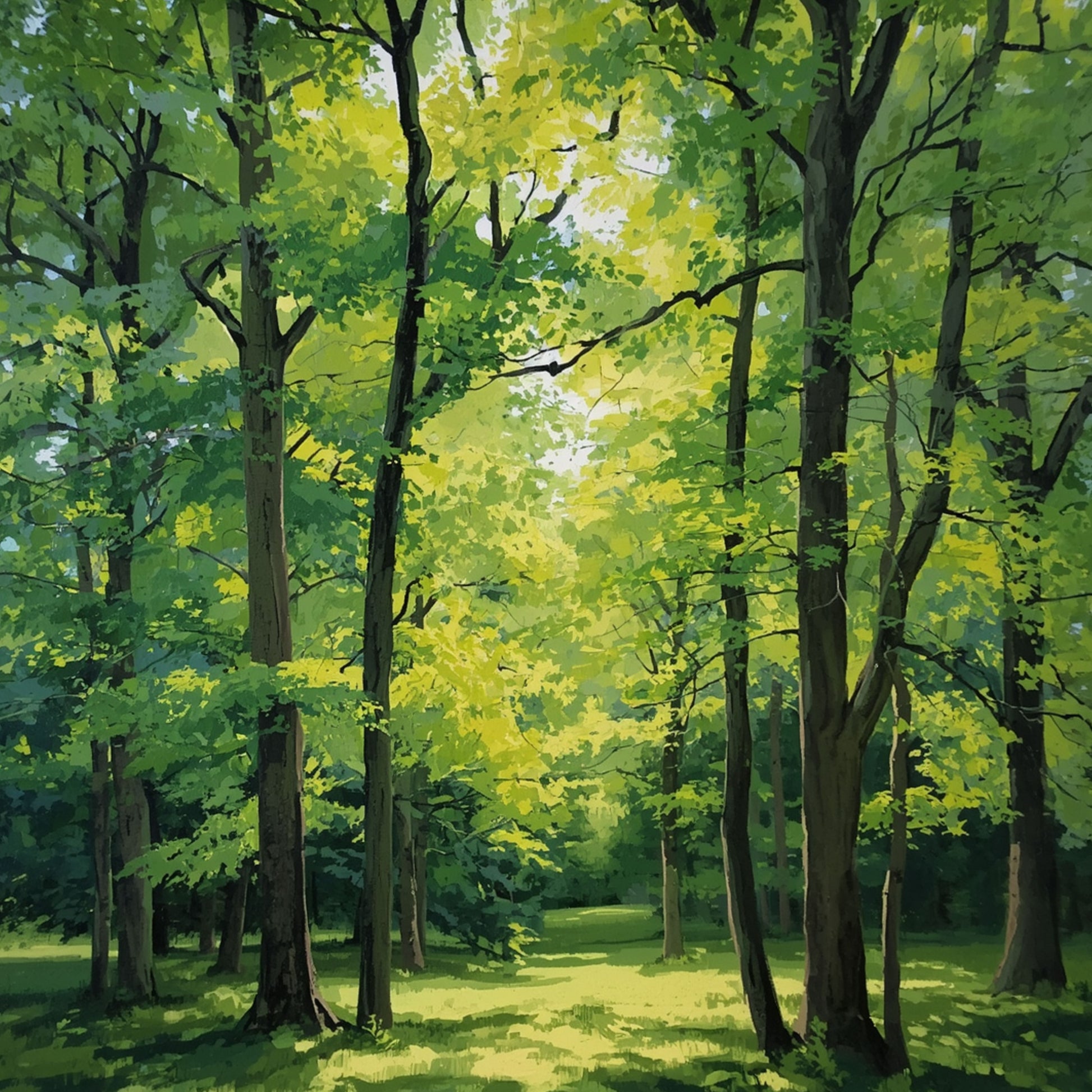 Groningen canvas schilderij met weelderig zomerbos, hoge groene bomen en zonlicht dat door het bladerdak filtert — premium wanddecoratie
