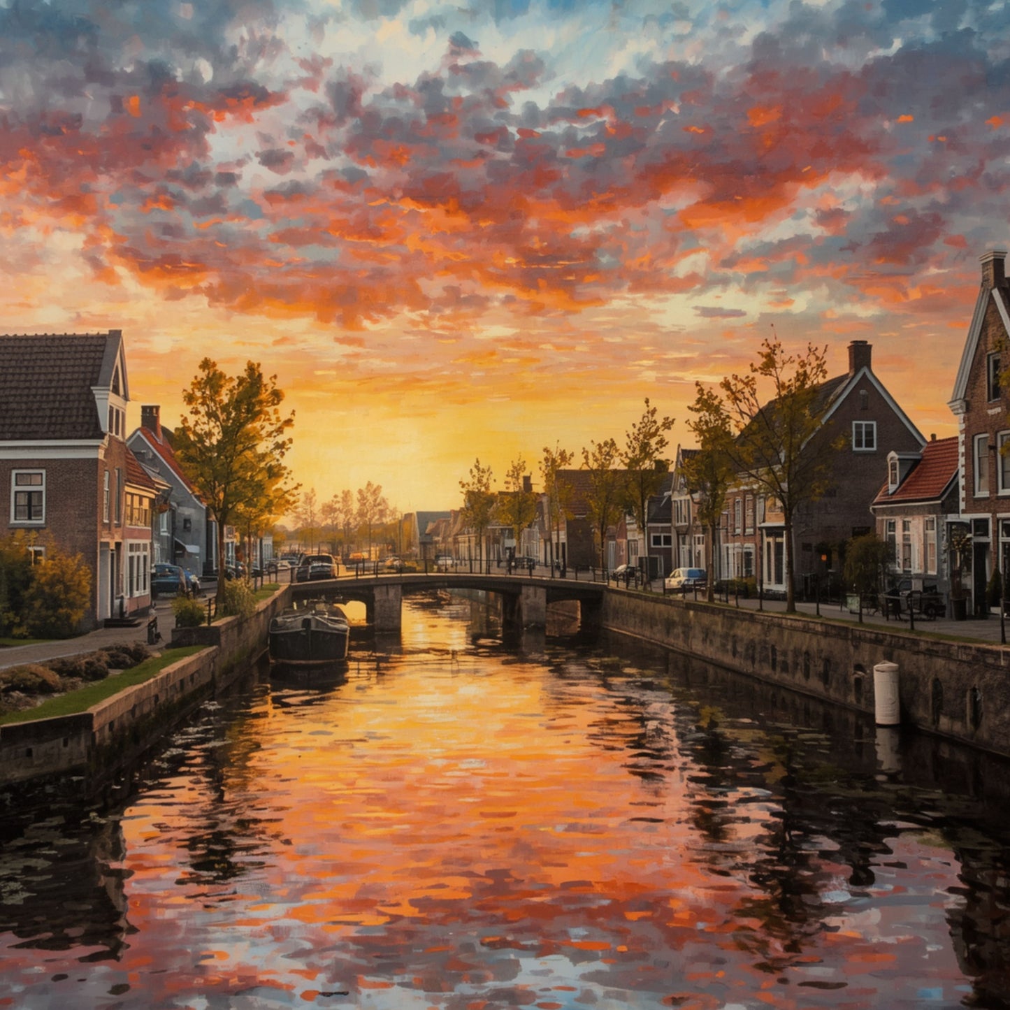 Groningen canvas schilderij met dramatische zonsondergang over kanaal, traditionele huizen en gouden rode waterreflecties — premium wanddecoratie
