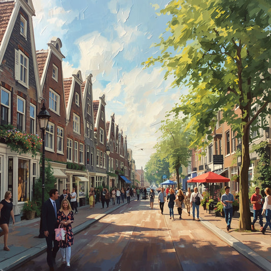 Groningen canvas schilderij met zonnige historische straat, trapgevels, groene bomen, rode terrasparasols en flanerende mensen — premium wanddecoratie
