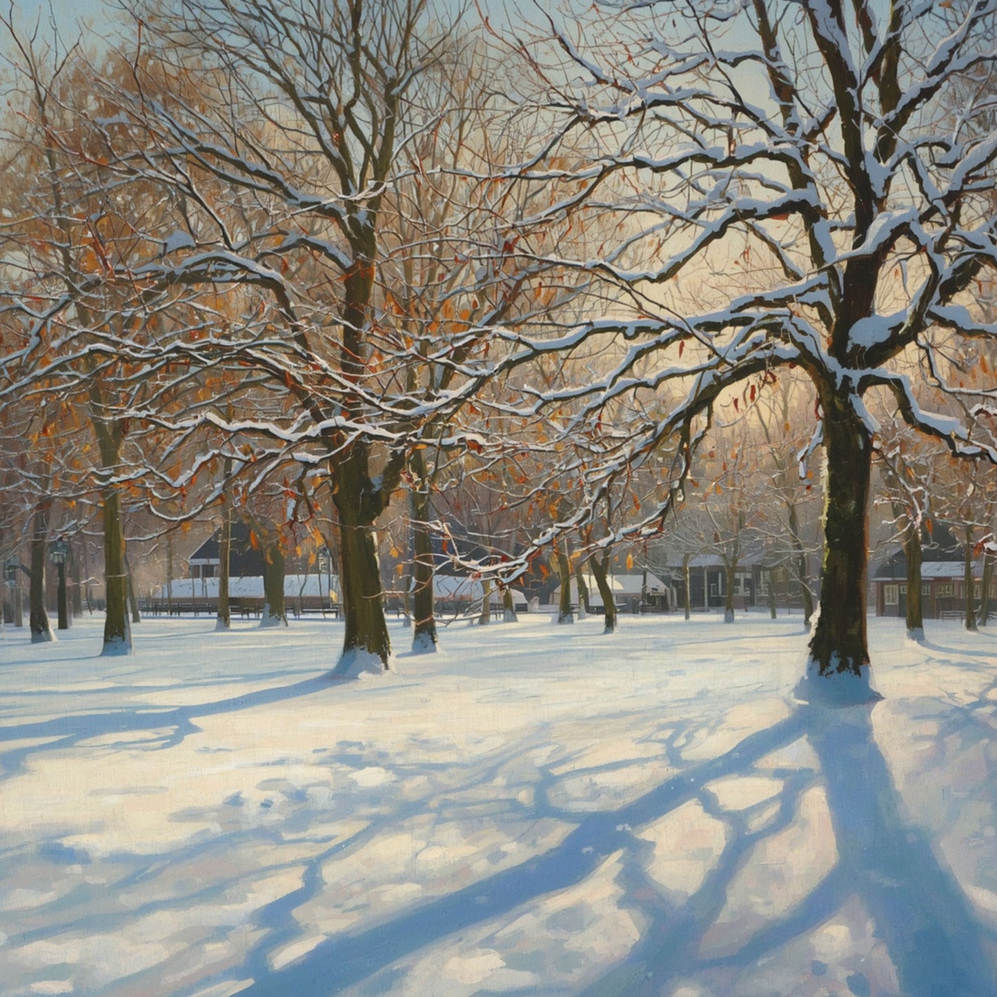 Groningen canvas schilderij met besneeuwd park, kale bomen met sneeuw op de takken en lange blauwe schaduwen op wit sneeuwlandschap — premium wanddecoratie

