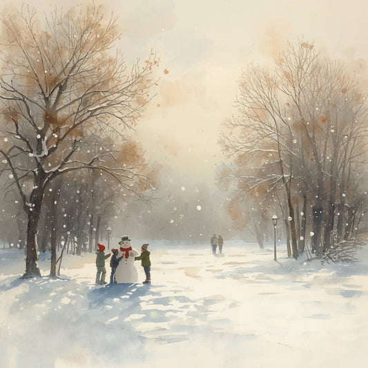 Groningen canvas schilderij met mensen die een sneeuwpop bouwen in besneeuwd park met kale bomen en vallende sneeuw — premium wanddecoratie
