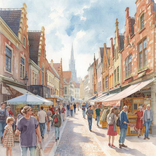 Groningen canvas schilderij met drukke winkelstraat, historische gevels, marktparasols, winkelende mensen en kerktorens — premium wanddecoratie
